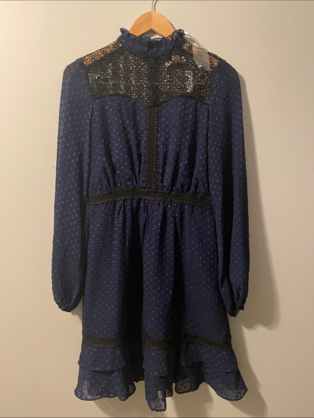 NWT Dark Pink, blue with black lace, long sleeve dress, Size: 6.
